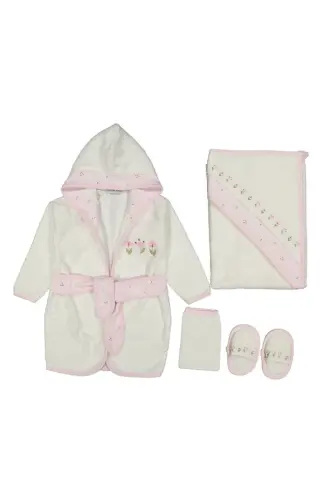 Tiny Tulip Embroidered Gaye Baby Towel Bathrobe Set Organic Antibacterial - Baby Shower Gift-Pink - CHERUB BABY (1)