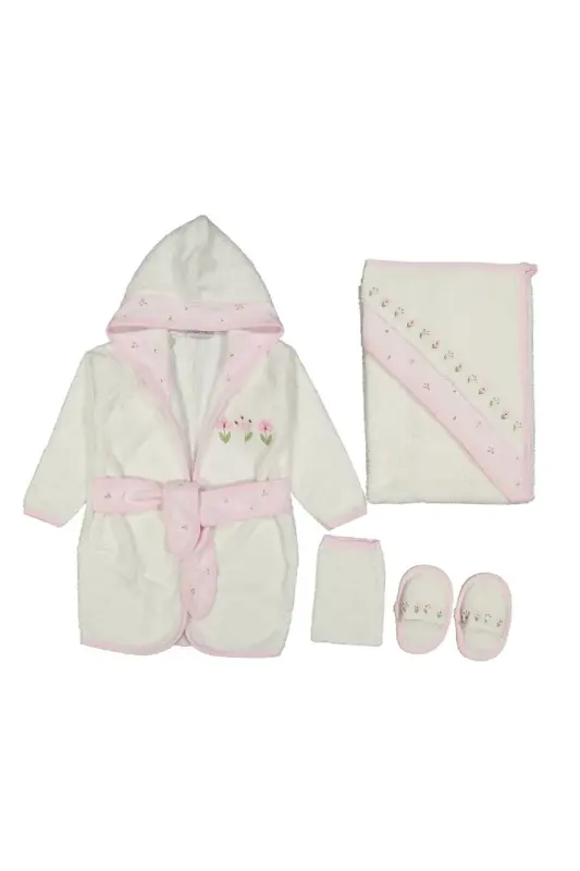 Tiny Tulip Embroidered Gaye Baby Towel Bathrobe Set Organic Antibacterial - Baby Shower Gift-Pink - 4