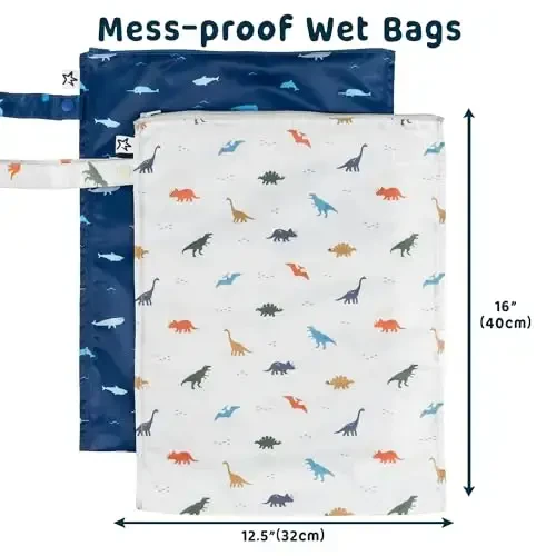 Tiny Twinkle Wet Dry Bag – 2 Pack Reusable Waterproof & Mess Proof Wet Bags for Swimsuits & Travel, Baby Towels & Beach Essentials,a Diaper Bag Must-Have(Dinosaur, Ocean Life) - 2