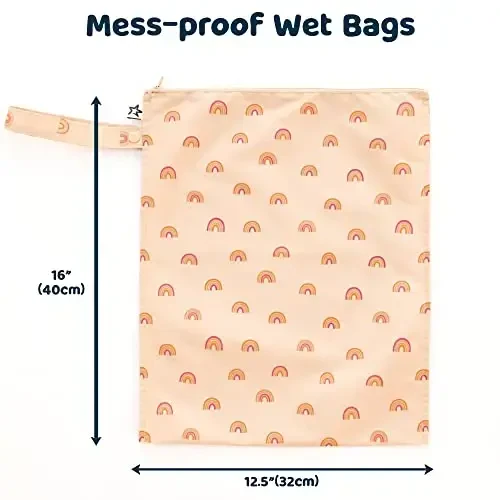 Tiny Twinkle Mess-Proof Waterproof Ho'l Quruq Sumka | Cho'milish kostyumlari va chaqaloq kiyimlari uchun 2 dona qayta ishlatiladigan ho'l sumkalar | Sayohat va chaqaloq uchun taglikni almashtirish uchun suv o'tkazmaydigan ho'l sumka (Boho Rainbow) - 4