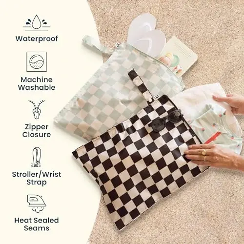 Tiny Twinkle Mess-Proof Waterproof Wet Dry Bag | 2-Pack Reusable Wet Bags for Swimsuits & Baby Clothes | Leakproof Wet Bag for Travel & Diaper Changes for Baby (Black, Green Checkers) - 4