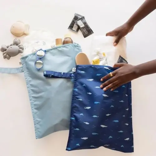 Tiny Twinkle Mess-Proof Waterproof Wet Dry Bag | 2-Pack Reusable Wet Bags for Swimsuits & Baby Clothes | Leakproof Wet Bag for Travel & Diaper Changes for Baby (Black, Green Checkers) - 3