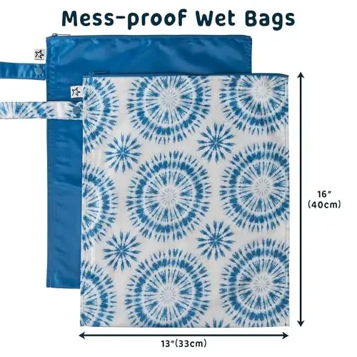 Tiny Twinkle Mess-Proof Waterproof Wet Dry Bag | 2-Pack Reusable Wet Bags for Swimsuits & Baby Clothes | Leakproof Wet Bag for Travel & Diaper Changes for Baby (Blue Tie Dye) 