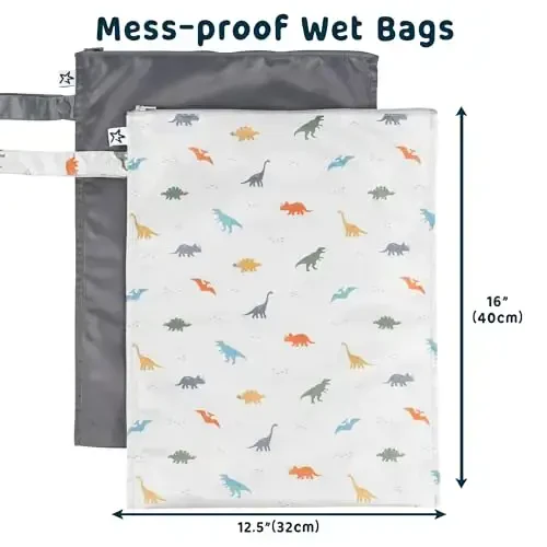 Tiny Twinkle Mess-Proof Waterproof Wet Dry Bag | 2-Pack Reusable Wet Bags for Swimsuits & Baby Clothes | Leakproof Wet Bag for Travel & Diaper Changes for Baby (Dinosaur) - 2