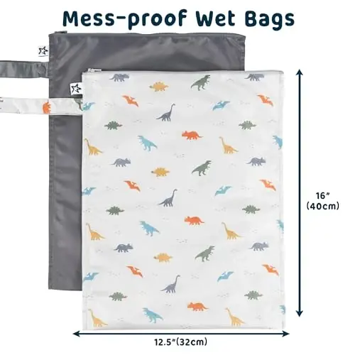 Tiny Twinkle Mess-Proof Waterproof Wet Dry Bag | 2-Pack Reusable Wet Bags for Swimsuits & Baby Clothes | Leakproof Wet Bag for Travel & Diaper Changes for Baby (Dinosaur) - MODAZONE (1)