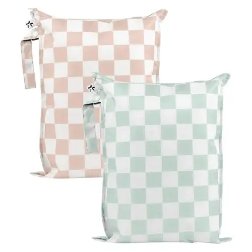 Tiny Twinkle Mess-Proof Waterproof Wet Dry Bag | 2-Pack Reusable Wet Bags for Swimsuits & Baby Clothes | Leakproof Wet Bag for Travel & Diaper Changes for Baby (Unisex Checkers) 