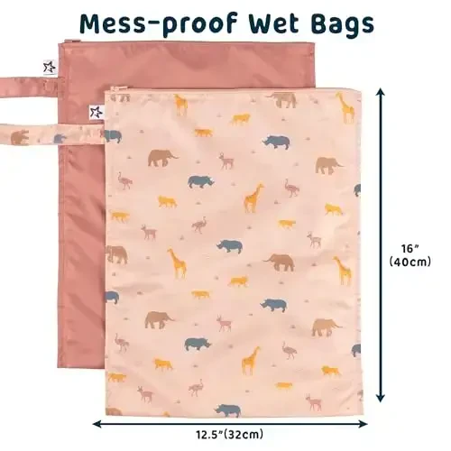 Tiny Twinkle Mess proof Waterproof Wet Dry Bag,2pk Reusable Wet Bags for Swimsuits&Baby Clothes,Leakproof Wet Bag,Waterproof Bag for Travel&Diaper bag,Wet Bags for Baby (Petite Safari) 