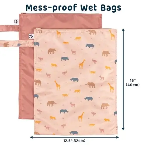 Tiny Twinkle Mess proof Waterproof Wet Dry Bag,2pk Reusable Wet Bags for Swimsuits&Baby Clothes,Leakproof Wet Bag,Waterproof Bag for Travel&Diaper bag,Wet Bags for Baby (Petite Safari) - 1