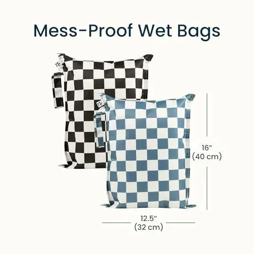 Tiny Twinkle Mess Proof Wet Bags | 2-Pack Reusable Waterproof Wet Bags for Swimsuits | Baby Clothes | Travel & Diaper Bag (Blue, Black Checkers) - 6