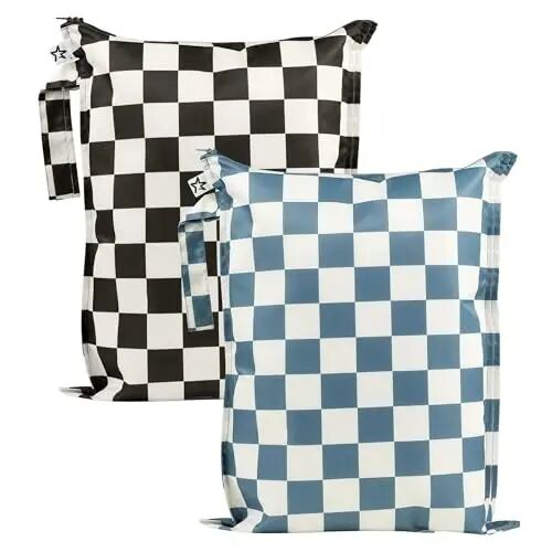 Tiny Twinkle Mess Proof Wet Bags | 2-Pack Reusable Waterproof Wet Bags for Swimsuits | Baby Clothes | Travel & Diaper Bag (Blue, Black Checkers) - Tiny