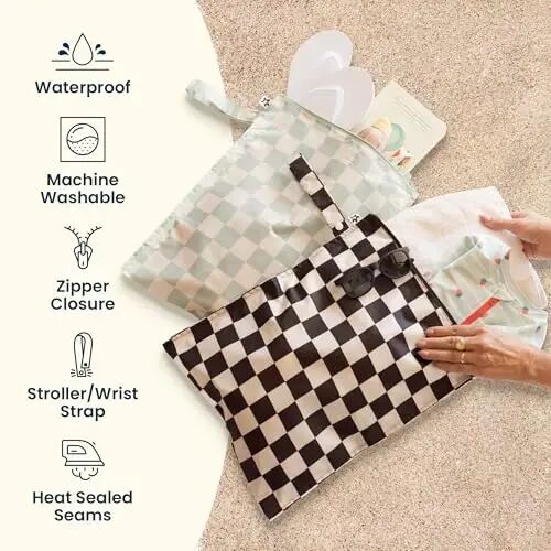 Tiny Twinkle Mess Proof Wet Bags | 2-Pack Reusable Waterproof Wet Bags for Swimsuits | Baby Clothes | Travel & Diaper Bag (Taupe, Dandelion) - 6