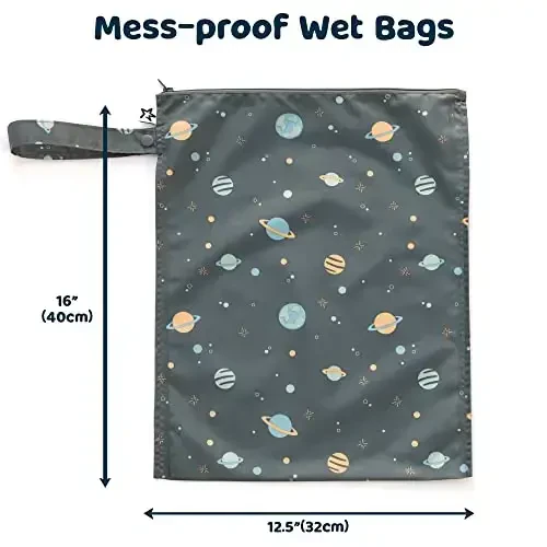 Tiny Twinkle Wet Dry Bag – 2 Pack Reusable Waterproof & Mess Proof Wet Bags for Swimsuits & Travel, Baby Towels & Beach Essentials, a Diaper Bag Must-Have (Space, Ice Blue) - 2