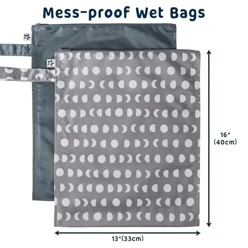 Tiny Twinkle Wet Dry Bag – 2 Pack Reusable Waterproof & Mess Proof Wet Bags for Swimsuits & Travel, Baby Towels & Beach Essentials,a Diaper Bag Must-Have(Luna) - 2