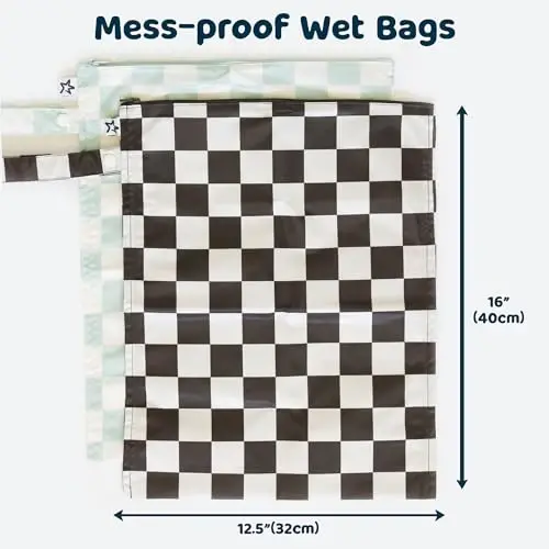 Tiny Twinkle Mess Proof Wet Bags | 2-Pack Reusable Waterproof Wet Bags for Swimsuits | Baby Clothes | Travel & Diaper Bag (Black, Green Checkers) - 5