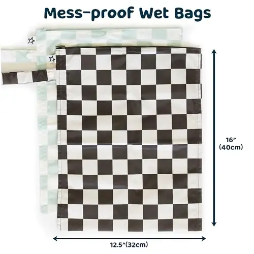 Tiny Twinkle Mess Proof Wet Bags | 2-Pack Reusable Waterproof Wet Bags for Swimsuits | Baby Clothes | Travel & Diaper Bag (Black, Green Checkers) - 6