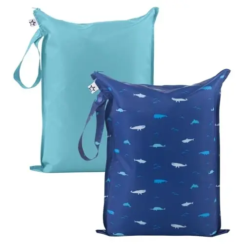 Tiny Twinkle Mess Proof Wet Bags | 2-Pack Reusable Waterproof Wet Bags for Swimsuits | Baby Clothes | Travel & Diaper Bag (Ocean) 