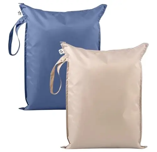 Tiny Twinkle Mess-Proof Waterproof Wet Dry Bag | 2-Pack Reusable Wet Bags for Swimsuits & Baby Clothes | Leakproof Wet Bag for Travel & Diaper Changes for Baby (Periwinkle, Pebble) 