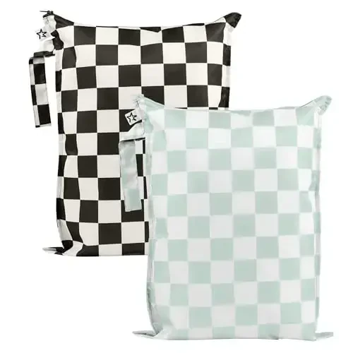 Tiny Twinkle Wet Dry Bag – 2 Pack Reusable Waterproof & Mess Proof Wet Bags for Swimsuits & Travel, Baby Towels & Beach Essentials, a Diaper Bag Must-Have (Black, Green Checkers) - MODAZONE
