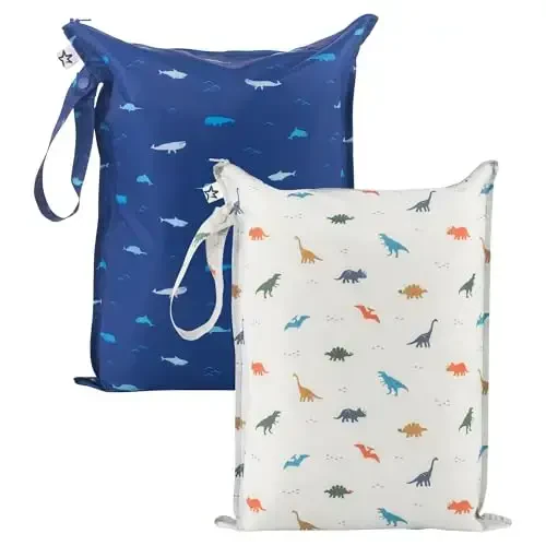 Tiny Twinkle Wet Dry Bag – 2 Pack Reusable Waterproof & Mess Proof Wet Bags for Swimsuits & Travel, Baby Towels & Beach Essentials,a Diaper Bag Must-Have(Dinosaur, Ocean Life) - 1