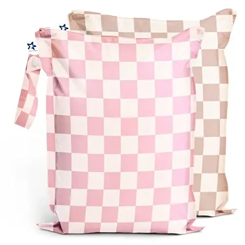 Tiny Twinkle Wet Dry Bag – 2 Pack Reusable Waterproof & Mess Proof Wet Bags for Swimsuits & Travel, Baby Towels & Beach Essentials,a Diaper Bag Must-Have(Pink, Brown Checkers) - 1
