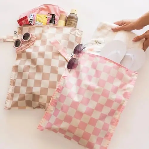Tiny Twinkle Wet Dry Bag – 2 Pack Reusable Waterproof & Mess Proof Wet Bags for Swimsuits & Travel, Baby Towels & Beach Essentials,a Diaper Bag Must-Have(Pink, Brown Checkers) - 2