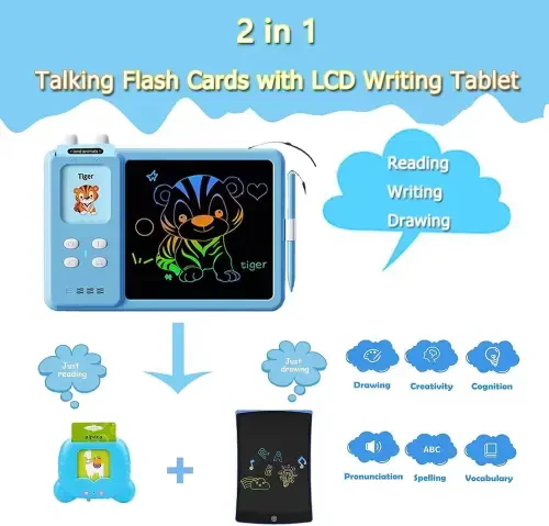 TiokMc Educational Learning Toy for Toddlers, LCD Writing Tablet & Doodle Board with 112 Flash Cards, 224 Words, Ages 3-6, Boys & Girls, Blue - 2