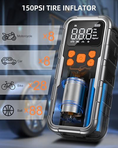 Tire Inflator Portable Air Compressor, 150PSI Cordless Air Pump for Car Tires, 3X Faster Air inflator Tire Pump with Digital Pressure Gauge and Emergency LED Light for Motorcycle Bike Ball Car - 7