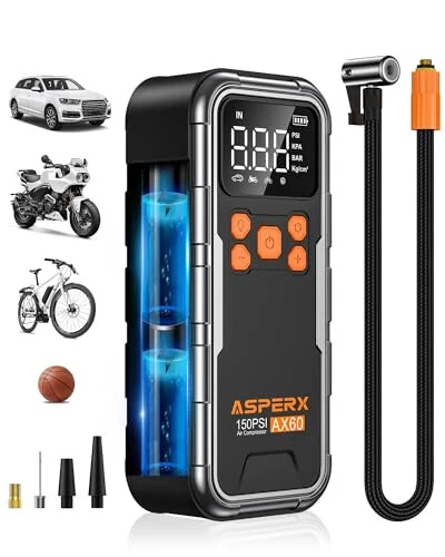 Tire Inflator Portable Air Compressor, 150PSI Cordless Air Pump for Car Tires, 3X Faster Air inflator Tire Pump with Digital Pressure Gauge and Emergency LED Light for Motorcycle Bike Ball Car - 3