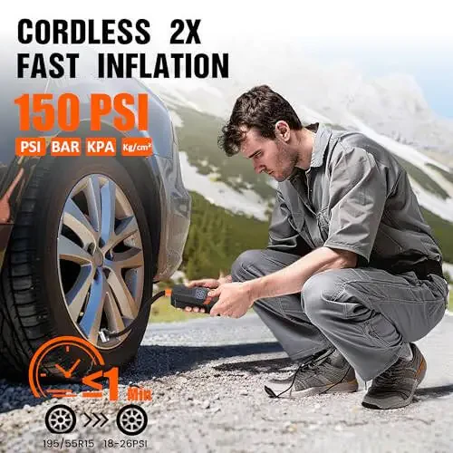 Tire Inflator Portable Air Compressor, 150PSI Cordless Tire Inflator, Electric Air Compressor with LCD Pressure Gauge, Quick Inflation Bike Pump for Car Motorcycle Bike Ball, Car Accessories - 3