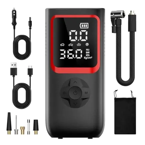 Tire Inflator Portable Air Compressor - 150PSI Portable Tire Inflator with Pressure Gauge, 4X Faster Portable Air Compressor for Car Tires, Air Pump with LED Light for Car, Motorcycle, Bike - 1