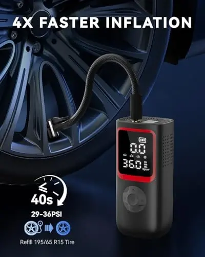Tire Inflator Portable Air Compressor - 150PSI Portable Tire Inflator with Pressure Gauge, 4X Faster Portable Air Compressor for Car Tires, Air Pump with LED Light for Car, Motorcycle, Bike - 2