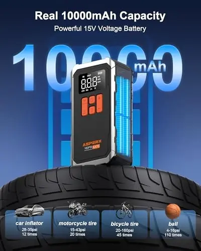 Tire Inflator Portable Air Compressor- 160PSI & 10000mAh Portable Air Pump with Carrying Case, LCD Display & LED Light, 3X Fast Inflation for Car, Bike, Motorcycle, Balls and more - 1