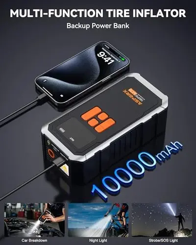 Tire Inflator Portable Air Compressor- 160PSI & 10000mAh Portable Air Pump with Carrying Case, LCD Display & LED Light, 3X Fast Inflation for Car, Bike, Motorcycle, Balls and more - 3
