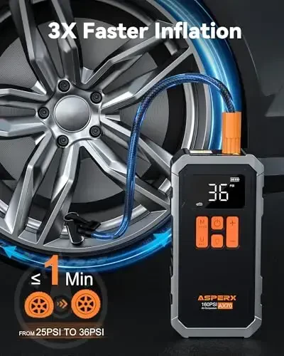 Tire Inflator Portable Air Compressor- 160PSI & 10000mAh Portable Air Pump with Carrying Case, LCD Display & LED Light, 3X Fast Inflation for Car, Bike, Motorcycle, Balls and more - 1