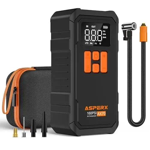 Tire Inflator Portable Air Compressor- 160PSI & 10000mAh Portable Air Pump with Carrying Case, LCD Display & LED Light, 3X Fast Inflation for Car, Bike, Motorcycle, Balls and more(Black) - 1