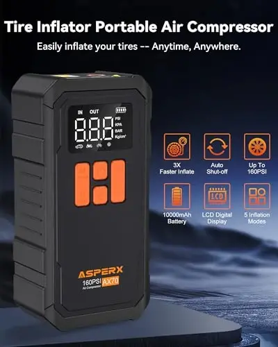 Tire Inflator Portable Air Compressor- 160PSI & 10000mAh Portable Air Pump with Carrying Case, LCD Display & LED Light, 3X Fast Inflation for Car, Bike, Motorcycle, Balls and more(Black) - 2