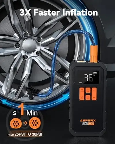 Tire Inflator Portable Air Compressor- 160PSI & 10000mAh Portable Air Pump with Carrying Case, LCD Display & LED Light, 3X Fast Inflation for Car, Bike, Motorcycle, Balls and more(Black) - 3