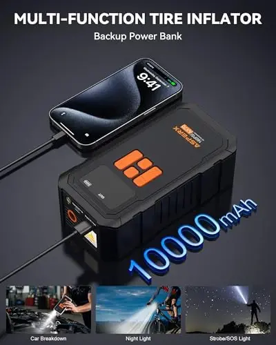 Tire Inflator Portable Air Compressor- 160PSI & 10000mAh Portable Air Pump with Carrying Case, LCD Display & LED Light, 3X Fast Inflation for Car, Bike, Motorcycle, Balls and more(Black) - 5