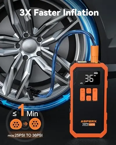 Tire Inflator Portable Air Compressor- 160PSI & 10000mAh Portable Air Pump with Carrying Case, LCD Display & LED Light, 3X Fast Inflation for Car, Bike, Motorcycle, Balls and more(Orange) - 3