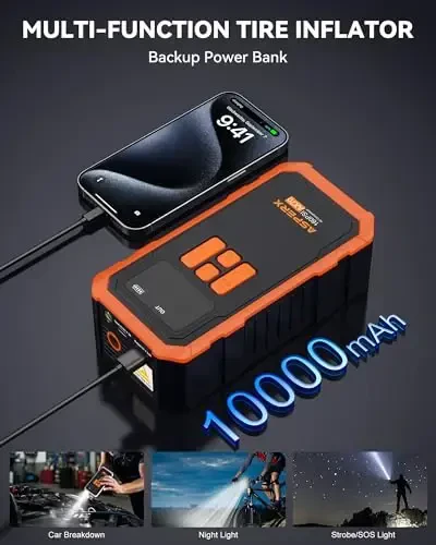 Tire Inflator Portable Air Compressor- 160PSI & 10000mAh Portable Air Pump with Carrying Case, LCD Display & LED Light, 3X Fast Inflation for Car, Bike, Motorcycle, Balls and more(Orange) - 5