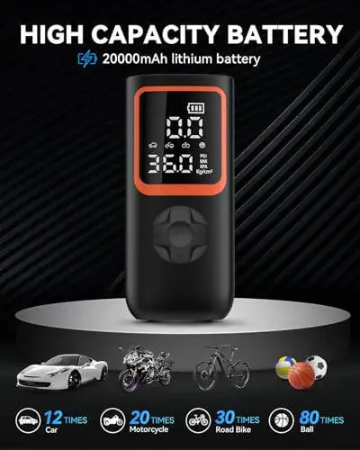 Tire Inflator Portable Air Compressor - 20000mAh & 150PSI Cordless Air Pump for Car Tires with Pressure Gauge & LED Light, 3X Faster Inflation Electric Air Compressor for Car Bikes, Motorcycle, Ball - 2