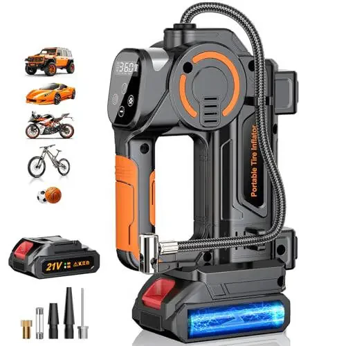 Tire Inflator Portable Air Compressor - Air Compressor for Car Tires 160 PSI, Rechargeable 21V Battery Powered Air Pump, Smart Bike Tire Pump with Pressure Gauge Screen, for SUV, Car, Motorcycle, Ball - 1