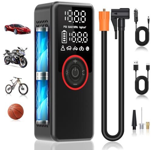 Tire Inflator Portable Air Compressor Air Pump for Cars, Bikes & Motorcycle Tires, 25mm Cylinder Pump with 150PSI for 3X Faster Inflation, Dual Cordless and DC12V Power with Accurate Pressure Gauge - YW Auto Genius