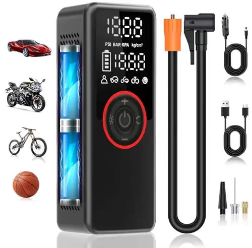 Tire Inflator Portable Air Compressor Air Pump for Cars, Bikes & Motorcycle Tires, 25mm Cylinder Pump with 150PSI for 3X Faster Inflation, Dual Cordless and DC12V Power with Accurate Pressure Gauge - 1