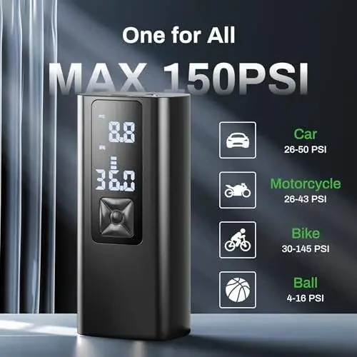 Tire Inflator Portable Air Compressor, AMPBANK AT003 Auto Air Pump for Car Tires, Tire Inflator 150PSI with 6000mAh Battery, Pressure Gauge & LED Screen, Air Compressor for Car, Motorcycle, Bike, Ball - 2
