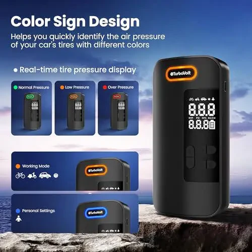 Tire Inflator Portable Air Compressor, Cordless Digital Air Pump with 4 Preset Modes for Bike, Ball, Motorcycle & Car, Alloy Design 12L Flow Rate - 3