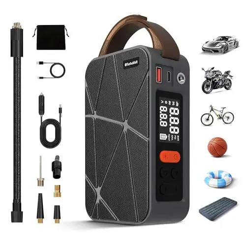 Tire Inflator Portable Air Compressor, Cordless Digital Air Pump with 4 Preset Modes for Bike, Ball, Motorcycle & Car, Lava Light Design 20L/min Flow Rate - 1