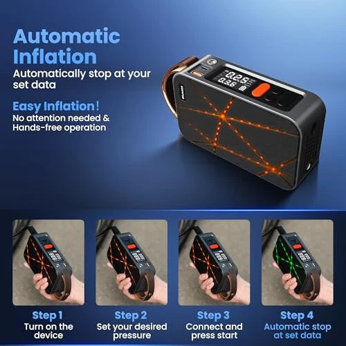 Tire Inflator Portable Air Compressor, Cordless Digital Air Pump with 4 Preset Modes for Bike, Ball, Motorcycle & Car, Lava Light Design 20L/min Flow Rate - DynaVolt (1)
