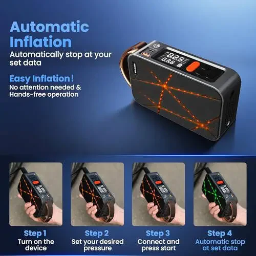 Tire Inflator Portable Air Compressor, Cordless Digital Air Pump with 4 Preset Modes for Bike, Ball, Motorcycle & Car, Lava Light Design 20L/min Flow Rate - 2