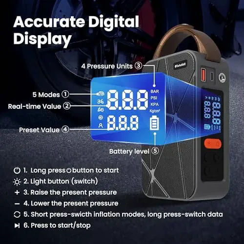 Tire Inflator Portable Air Compressor, Cordless Digital Air Pump with 4 Preset Modes for Bike, Ball, Motorcycle & Car, Lava Light Design 20L/min Flow Rate - 6